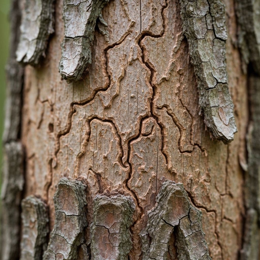 Bark beetle damage patterns and galleries visible on tree bark