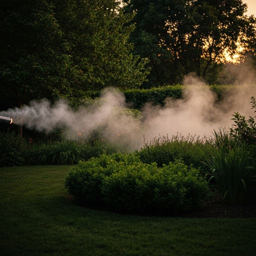 Mosquito fogging treatment in a backyard garden at dusk