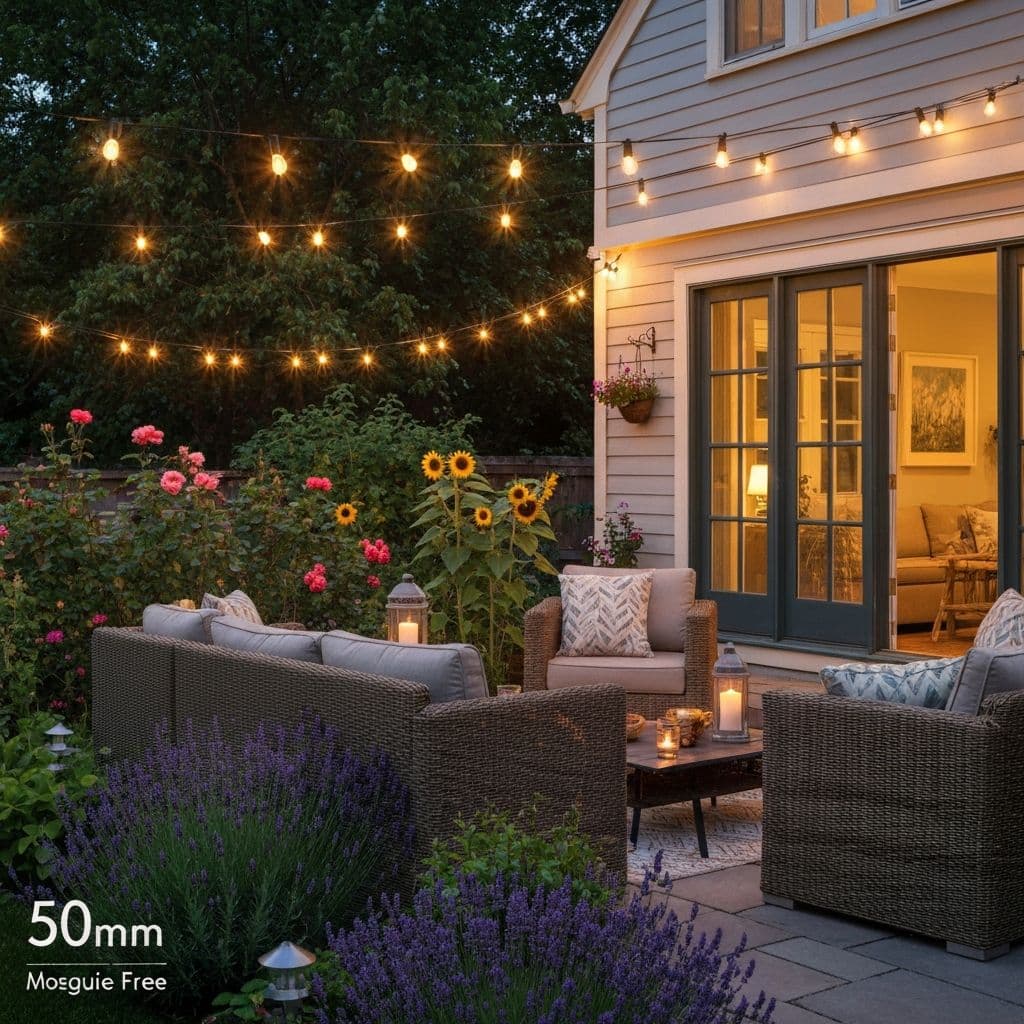 Peaceful backyard patio at twilight with outdoor furniture and string lights